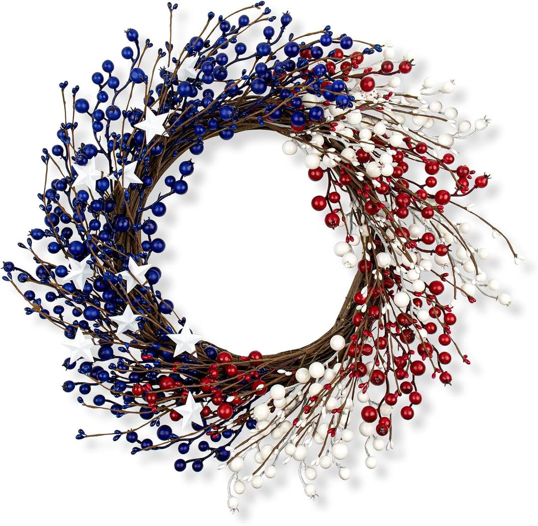 22 Inch 4th of July Wreath Independence Day Wreaths for Front Door Patriotic Wreath with Red White Blue Berries for July Fourth Memorial Day