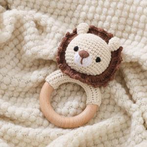 Wooden Baby Rattle, Crochet Lion Rattle, Newborn Wooden Animal Rattle Toy, Infant Rattle Toys