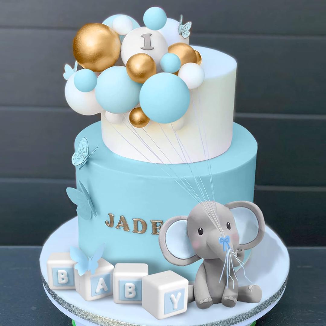 Elephant Cake Decoration Mini Elephant Cake Topper Blue Letter Cake Toppers Gold Blue White Pearl Ball for Elephant Theme Birthday Supplies (BLUE)