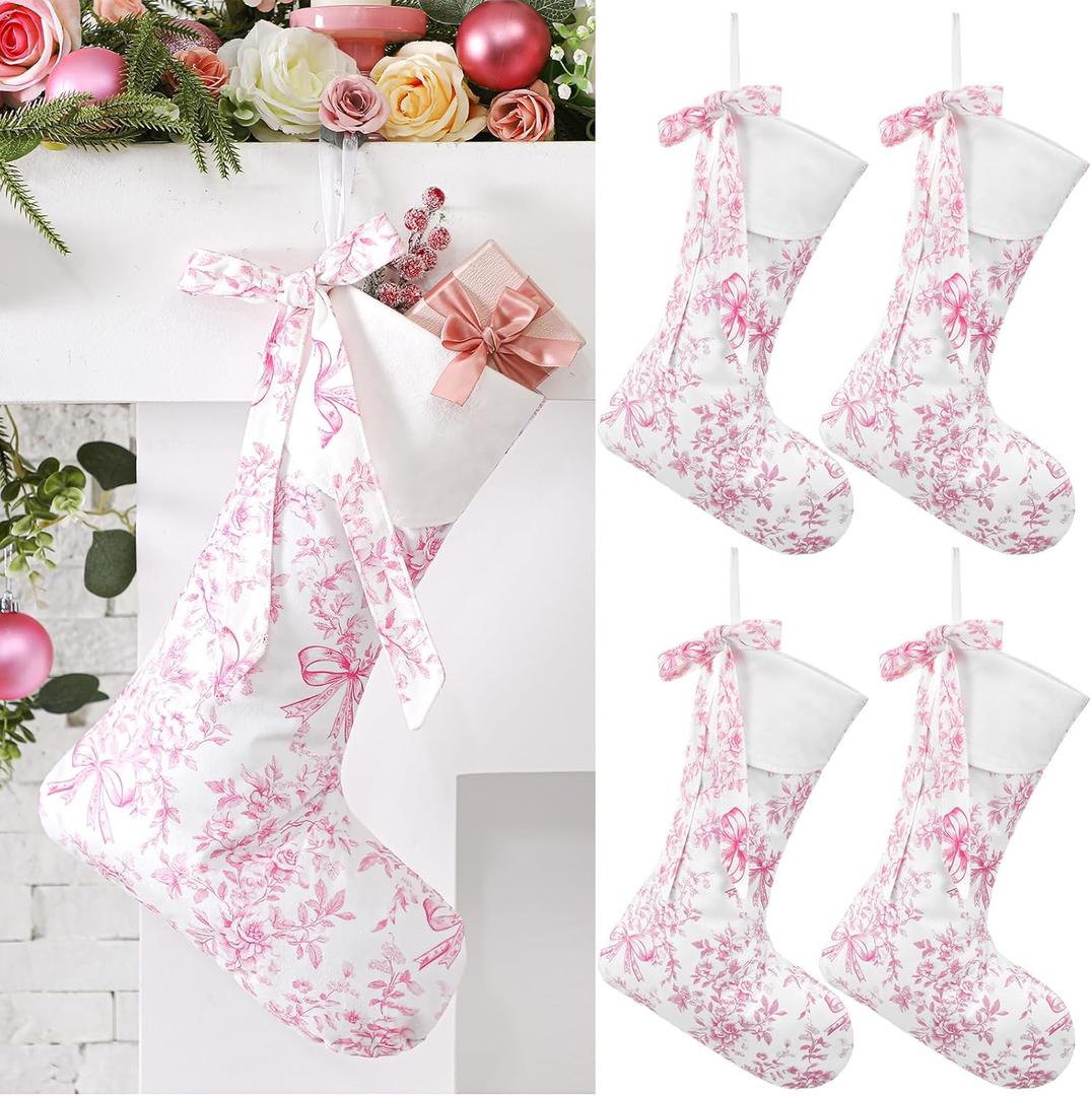 4 Pcs Pink Christmas Stocking 18 Inch Coquette Christmas Stockings Pink Floral Fireplace Hanging Decoration for Family Holiday Decorations and Xmas Gift