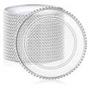 Hoolerry 50 Pack Clear Charger Plates Bulk 13 Inch Plastic Round Beaded Dinner Chargers Acrylic Frosted Grain Decorative Service Plates for Wedding Party Event, Home and Kitchen Tabletop (Silver)