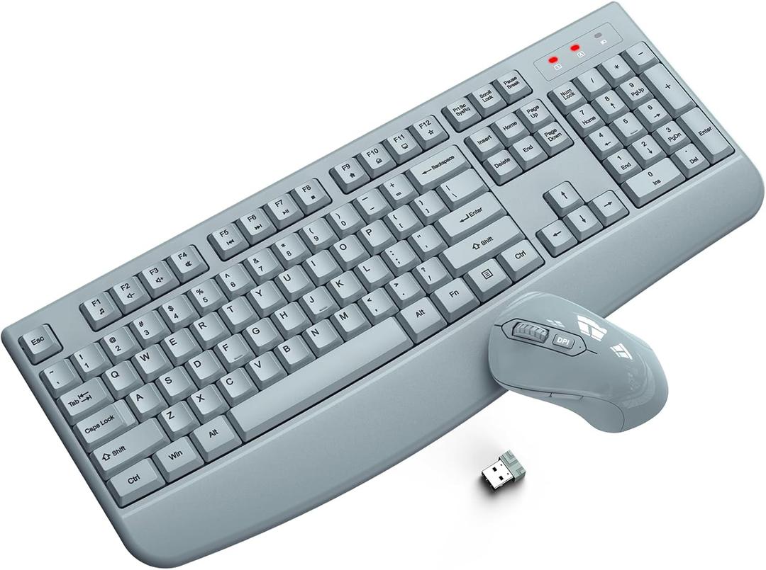 Wireless Keyboard and Mouse Combo, ULSOU 2.4G Full-Sized Ergonomic Computer Keyboard with Wrist Rest and 3 Level DPI Adjustable Wireless Mouse for Windows, Mac OS Desktop/Laptop/PC(Grey)