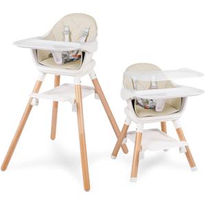 6 in 1 Baby High Chair, Convertible Wooden High Chairs/Booster Seat for Babies and Toddlers, Baby Feeding Chair with 5-Point Harness/Double Removable Tray & Adjustable Footrest (Beige) (Khaki)