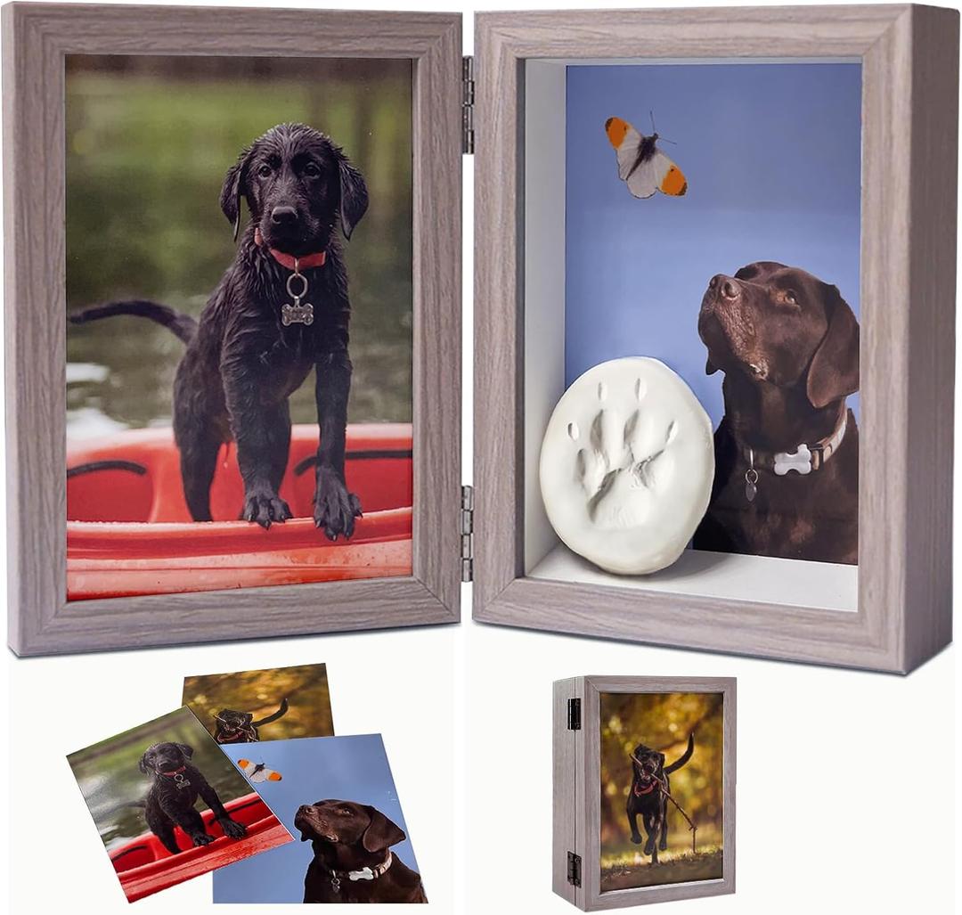 5x7 Pet Memorial Picture Frame Shadow Box for Dogs and Cats Frame Keepsake for 3 Photos Pet Paw Print Display Shadow Box with Double Hinges and Glass Front Memorial Gifts for Dog Lovers (Grey)