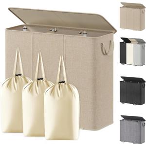 Lifewit Triple Laundry Hamper with Lid and Removable Laundry Bags, Large Collapsible 3 Dividers Dirty Clothes Basket with Handles for Bedroom Laundry Room Closet Bathroom College, 185L Beige