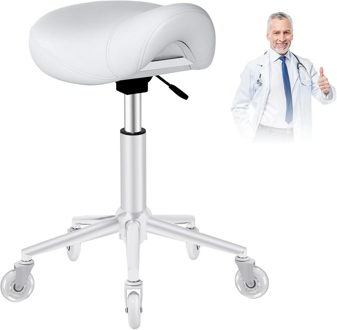 Saddle Stool Heavy Duty 400lbs - Ergonomic Thick Saddle Seat Cushion, Easy Height Adjustable, Healthy Posture No Pain, Smooth Rolling No Creaky Noises, Rolling Saddle Stool Chair with Wheels (White2)