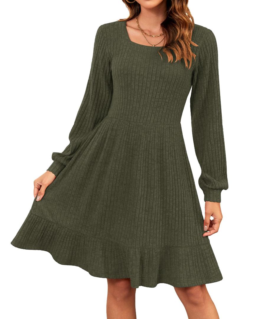 AUSELILY Womens Fall Dress 2025 Square Neck Long Sleeve Dresses Casual A Line Knit Sweater Dress with Pockets, Army Green L