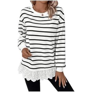 SweatyRocks Women's Striped Tee Shirt Long Sleeve Round Neck Eyelet Lace Trim Tops, Medium
