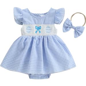 4th Of July Baby Girl Outfit American Flag Romper Dress Fly Sleeve USA Smocked Dress Newborn Fourth of july Clothes (6-12 Months, Easter Eggs-blue)