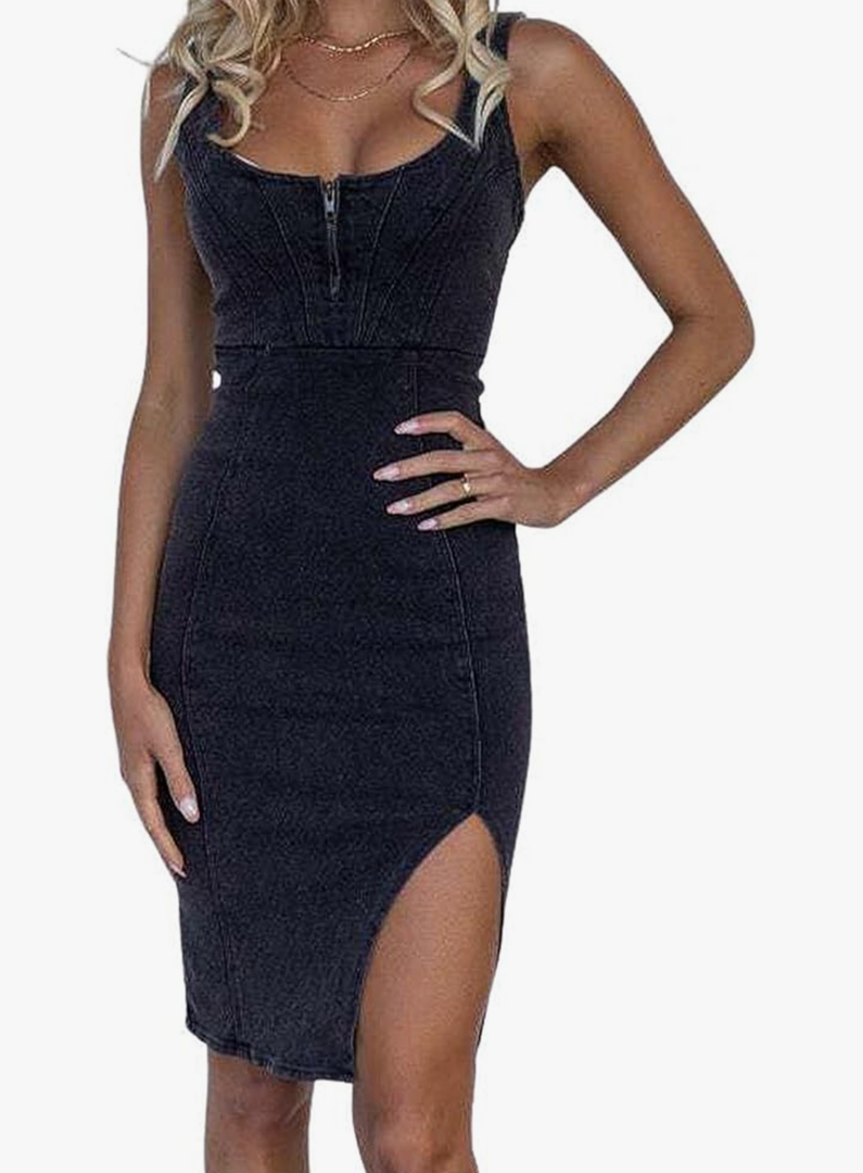 utcoco Denim Dress for Women Sleeveless Side Slit Bodycon Midi Jean Dresses for Women 2025, L