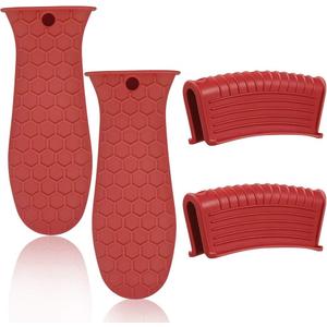 4 Pack Silicone Hot Handle Holder Cover, Silicone Pot Holders Heat Resistant Assist Pan Handle Sleeve Non-Slip Pot Handle Covers for Cast Iron Skillet Metal Pan (Red) (Double Large)