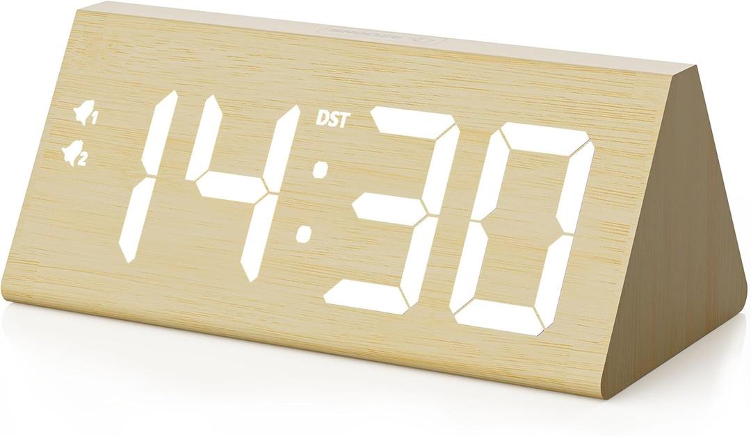 Wooden Digital Alarm Clock with Dual USB Charging Ports, DST, Dimmable, Snooze, Modern Large Time Display LED Clock for Kids Bedrooms, Living Room, Desk, Table, Bedside, Nightstand (Bamboo)