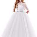 Girls Flower Vintage Floral Lace 3/4 Sleeves Floor Length Dress Wedding Party Evening Formal Pegeant Dance Gown (White), Size 170
