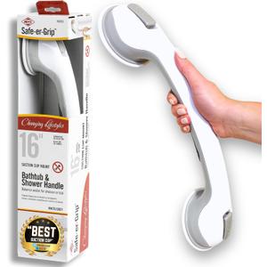 Safe-er-Grip Changing Lifestyles Suction Cup Grab Bars For Bathtubs & Showers; Safety Bathroom Assist Handle, White & Grey, 16 Inches