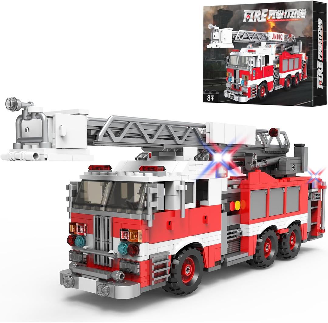 Light-Up Ladder Fire Truck Building Set – 720PCS STEM Toys for Kids & Adults, City Firetruck Building Bricks with Flashing Lights, Ideas Creative Gift for Birthday Christmas Compatible Building Bricks, 11.6 x 3.74 x 5 inches