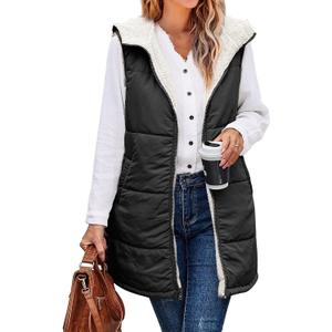 XIEERDUO Long Puffer Vest Women Outerwear Reversible Fleece 2024 Fall Winter Warm Sleeveless Zip Up Hoodie Coat with Pockets (Large, Black)
