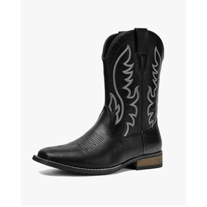 Cowboy Boots For Men Western Fashionable Retro Stylish Embroidered Square Toe Boots Chunky Heel Size 12, Black