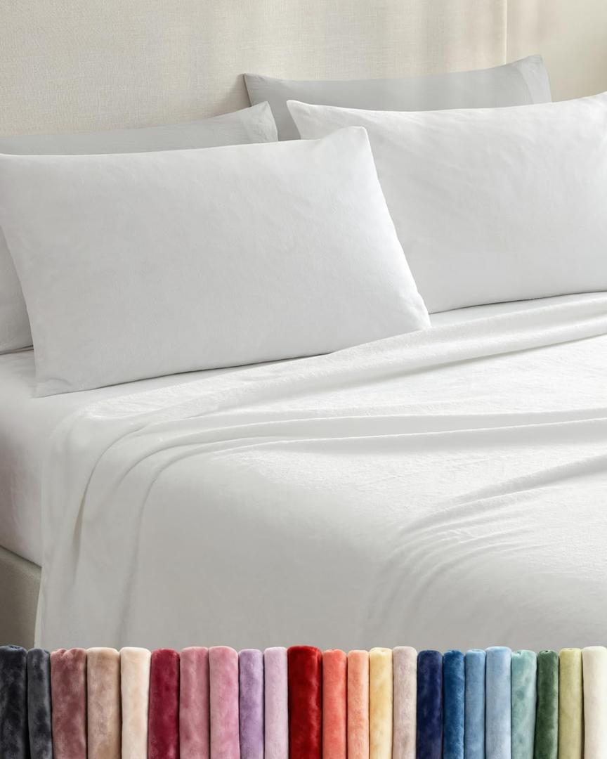 Fleece Sheets Queen Size Set - 4-Piece Velvet Flannel Sheet Set - Super Soft Fleece Bedding - 1 Flat & 1 Fitted and 2 Pillowcases - Cozy Warm, Comfy & Plush - Deep Pockets, Fuzzy & Anti-Static - White