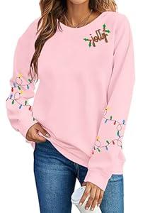 UNIQUEONE Christmas Sweatshirt Women Christmas Xmas Sweater Merry and Bright Long Sleeve Shirts Holiday Pullover Tops  (Small, pink)