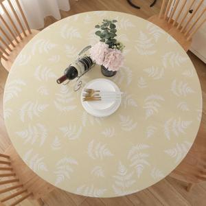 Round Vinyl Fitted Tablecloth, Waterproof Elastic Table Covers Wipeable Flannel Backed Tablecloths for Picnic Camping Indoor and Outdoor (Leaf,Beige, Fits 57" to 65" Diameter Tables)