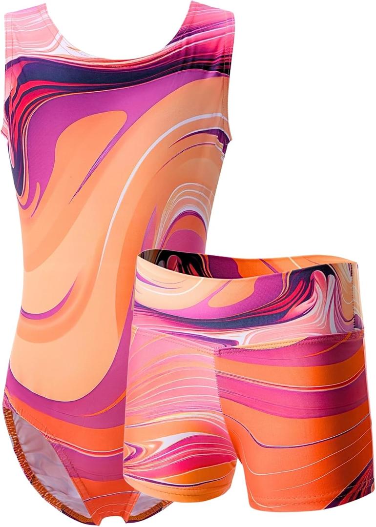 Dancina Marble Line Gymnastics Leotards for Girls with Shorts for Ages 4-16 (10, Orange & Purple Set)
