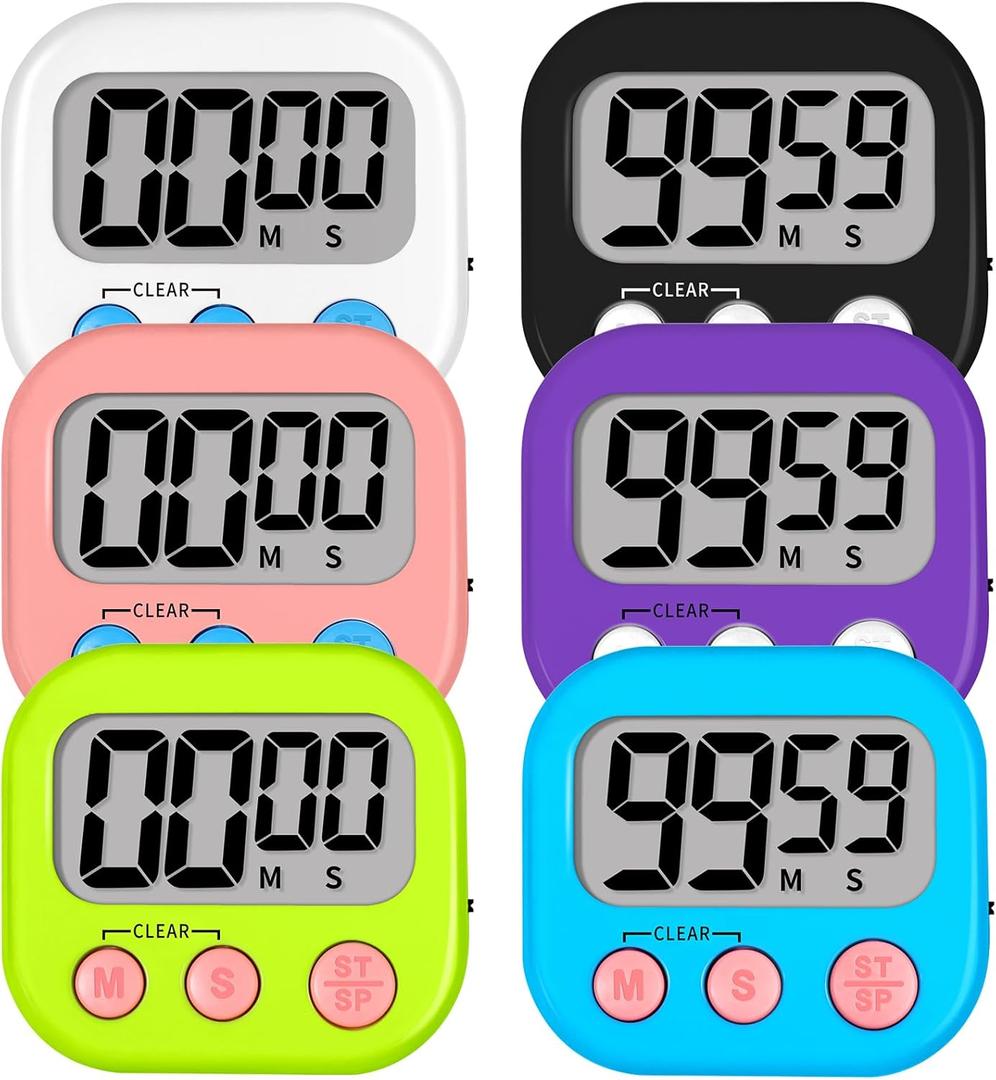 Lasubst Digital Kitchen Timers for Cooking, Magnetic Classroom Timers for Teachers Kids, Back to School Supplies Bulk (6 Pack, Black White Pink Purple Blue Green)