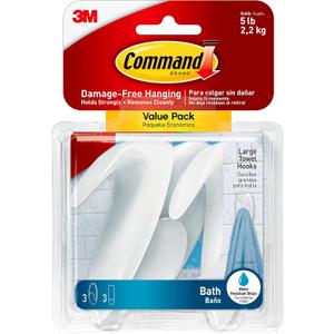 Command Bath Large Towel Hook Value Pack, Clear Frosted, 3-Large Hooks, 3-Water-Resistant Strips, Organize Damage-Free (White)