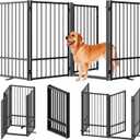 SNUOWU Full Metal Freestanding Dog Gate with Door, 36''Height Foldable Pet Dog Fence for Indoor & Outdoor, 4 Panels Extra Wide Free Standing TallDog Gates for Doorways,House,Stairs,Porch,Deck,Yard (Black)