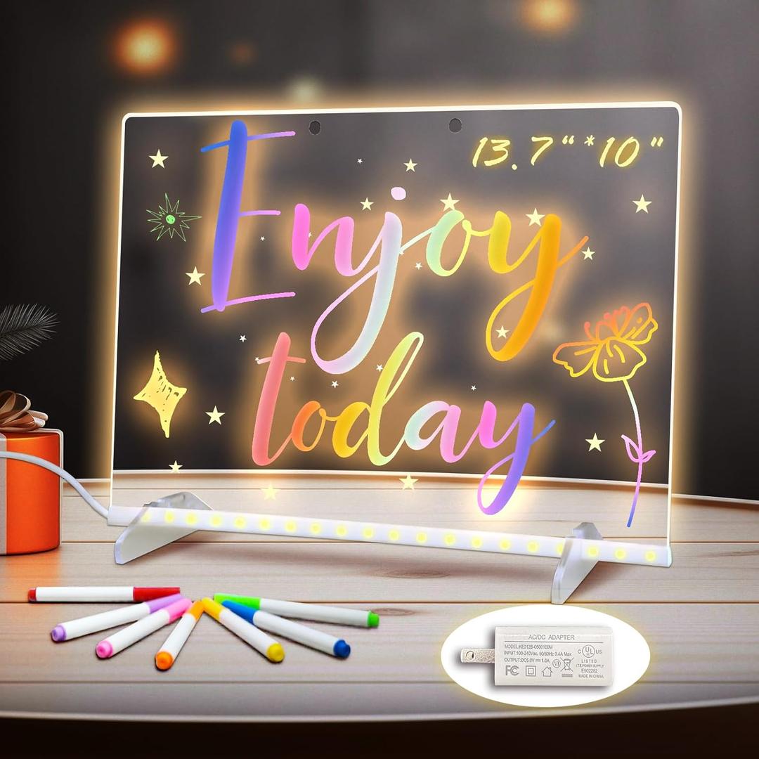 LED Note Board with Colors, 13.7"X10" 6 Modes & 8 Colors Acrylic Dry Erase Boards with Light, Include Adapter, Hanging Chain, Led Drawing Board for Kids with Stand, 7 Markers, Spray Bottle