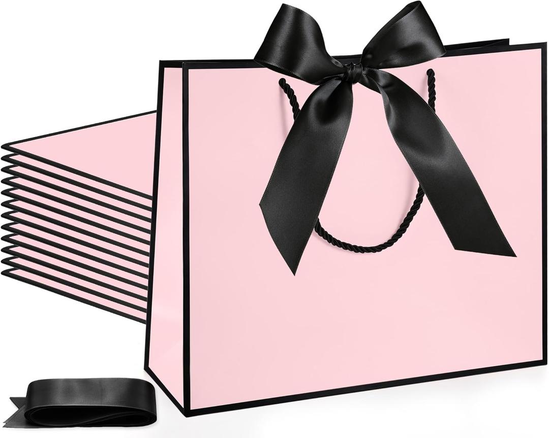 Silkfly 12 Pcs Thank You Gift Bags with Handle 12x10x4'' Welcome Return Gifts Bag with Bow Ribbon for Wedding Bridesmaid Baby Shower Birthday Housewarming Women History Month (Pink,Black)