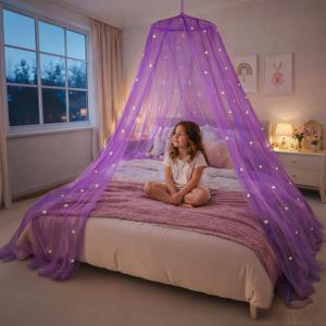 Bollepo Purple Bed Canopy for Girls with Glowing Stars - Princess Netting Room Decor, Ceiling Tent to Cover Toddler | Single, Twin, Full, Queen Size Kids Bed, Fire Retardant Fabric
