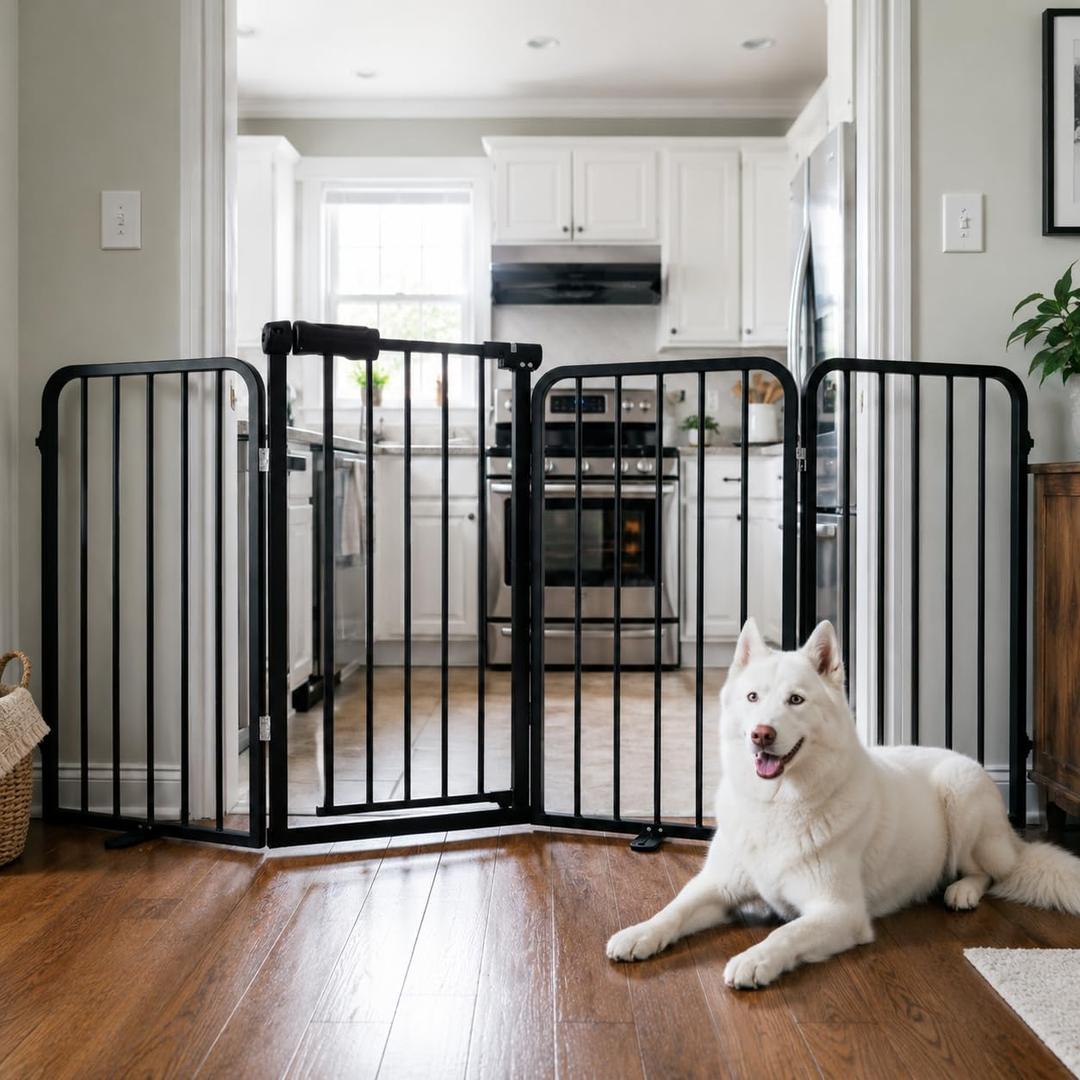 Freestanding Foldable Dog Gate with Door, 30" Tall, Up to 70" Wide