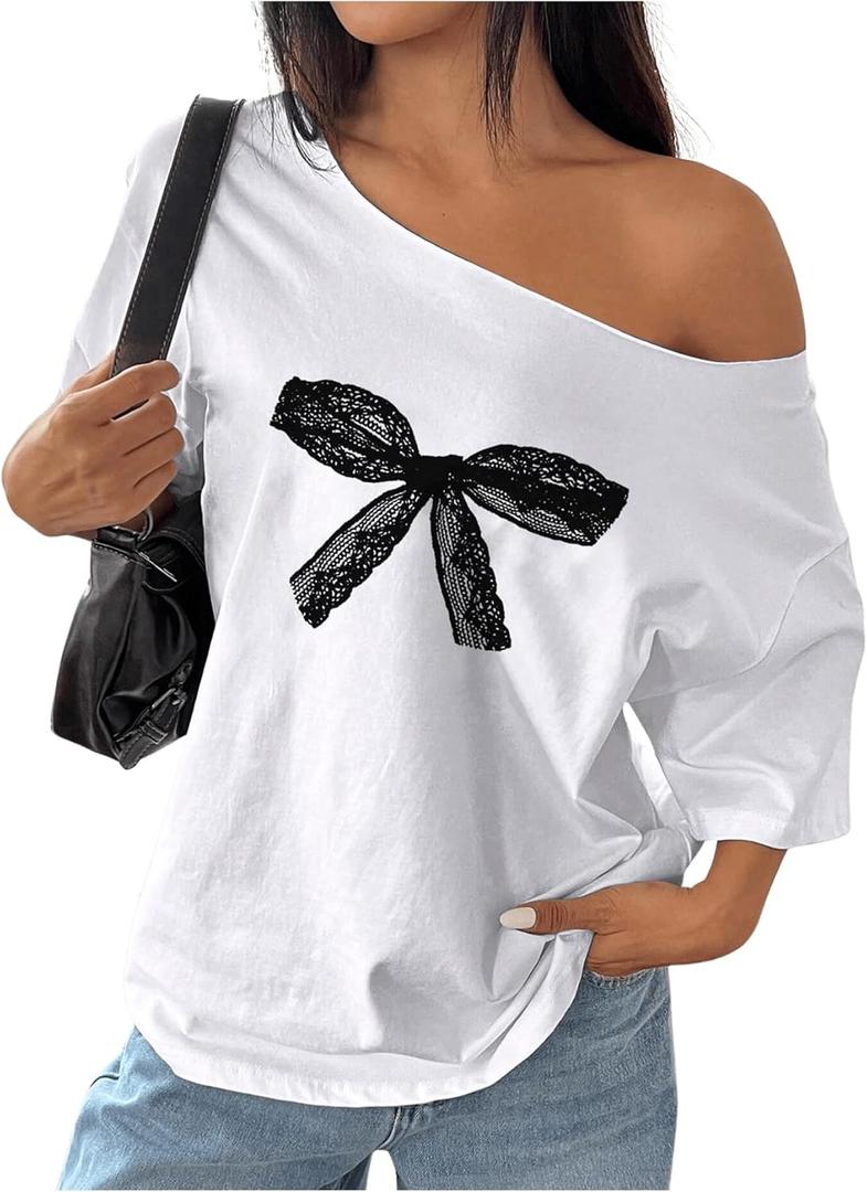 Women's Off The Shoulder Tops Floral Graphic Oversized Tshirts Shirts Y2k Summer Tops Trendy (Small, White Bow)