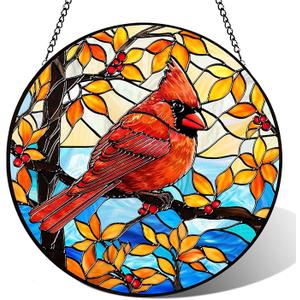 Cardinal Gifts for Women - 8 Inch Cardinal Stained Glass Window Hanging, Unique Sun Catcher with Metal Chain and Hook, Suncatcher Window Wall Decor Suncatcher Gifts