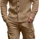 Men's Fleece Cargo Jacket Tracksuit Set 2 Pieces Solid Color Long Sleeve Button up Jacket and Cargo Pants Set (Large, Khaki)