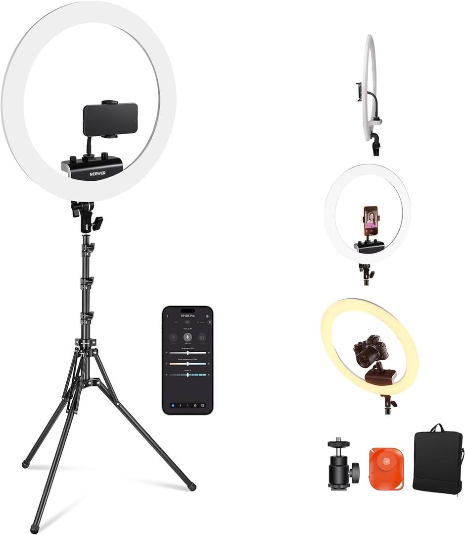 NEEWER 18 inch Ring Light with Tripod Stand and Phone Holder, Ultra Thin Video Ringlight 2900K-7000K TLCI98 App Control, Softer Lighting for Lash Tattoo Makeup Live Stream TikTok, RP18B Pro White