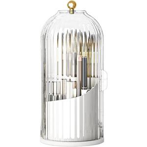 BirdcageStyle Concealed Toothbrush Holder Sliding Lid Bathroom Counter Organizer Tooth Brush Holder for Bathroom 360 Rotating Waterproof Dustproof Makeup Brushes Storage for Vanity (White)