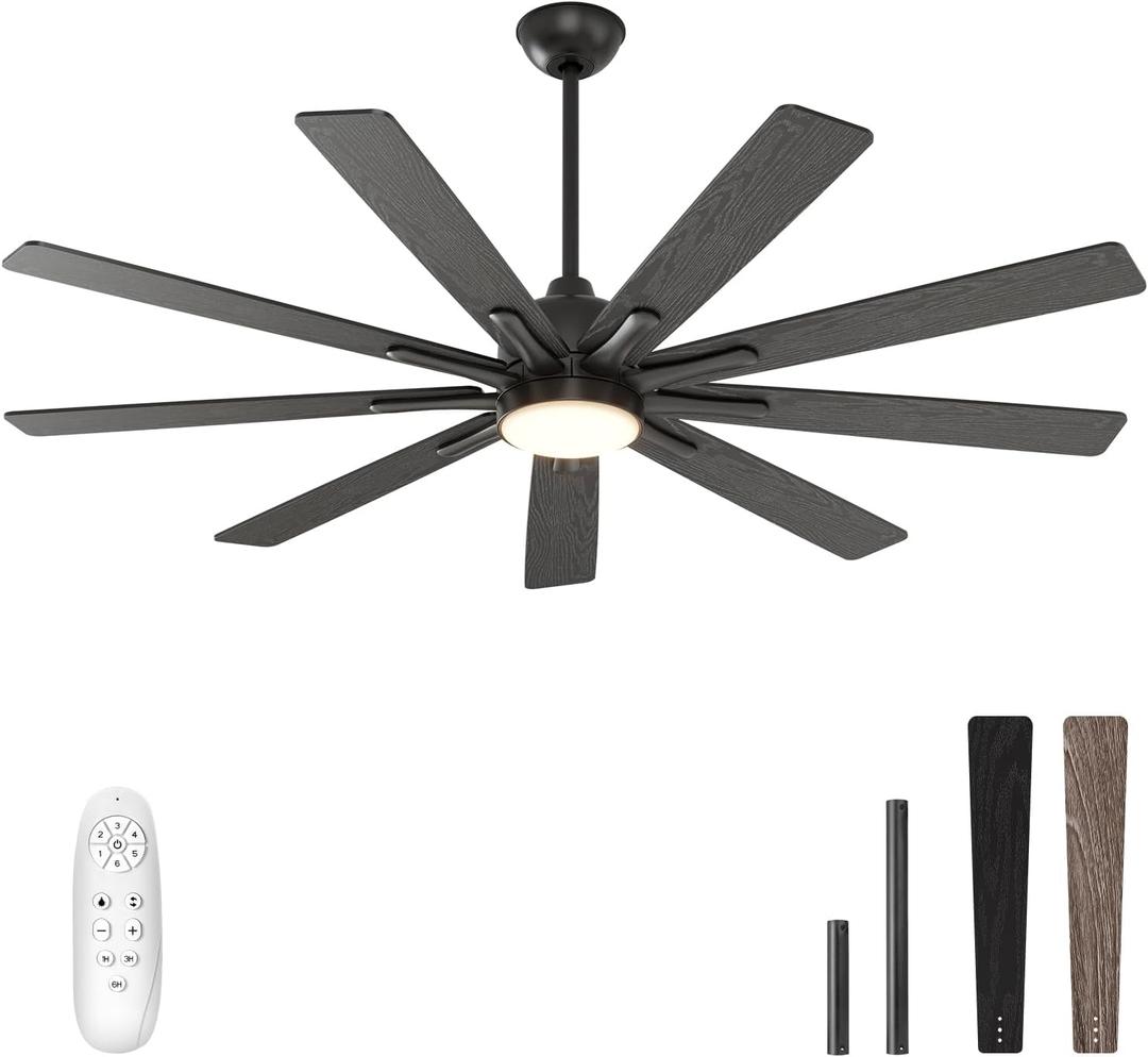 warmiplanet Ceiling Fans with Lights and Remote Control, 62-Inch, Reversible Silent DC Motor, 6 Speeds, 3 Color Dimmable LED Light, Timer, Black, 9-Blades