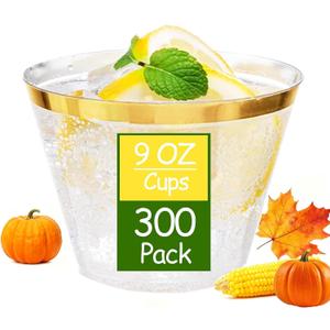 Ciaell 300PCS Gold Plastic Cups - 9Oz Heavy Duty Plastic Cups - Gold Rimmed Disposable Cup - Disposable Clear Wine Cup with Gold Rim for Party & Wedding & Thanksgiving