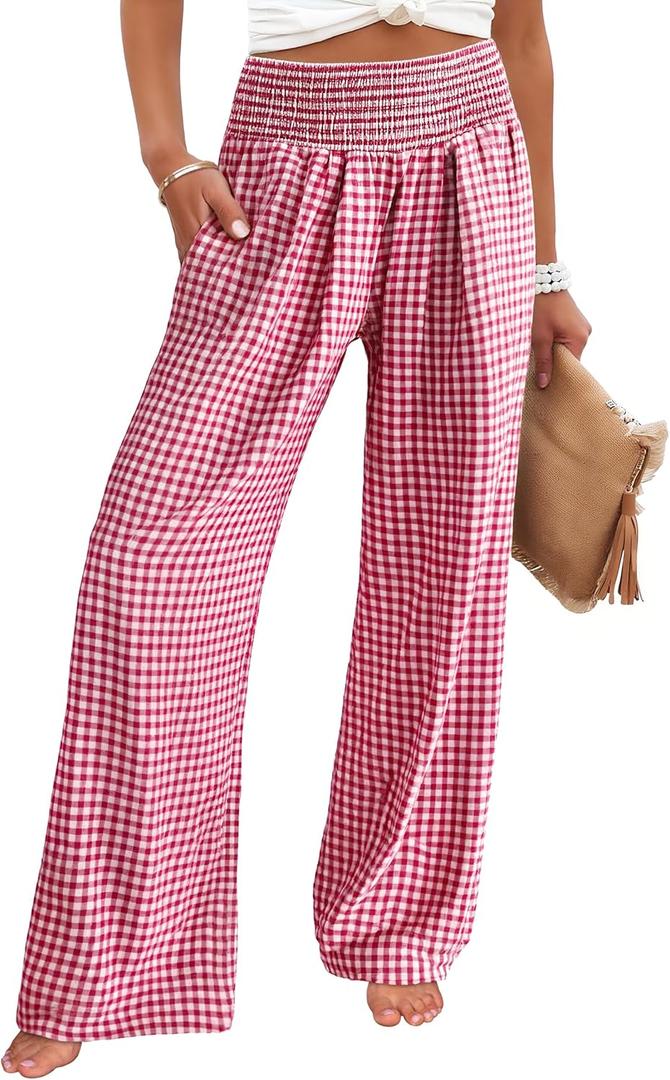 ANRABESS Womens Palazzo Pants, Striped & Gingham, Lounge & Casual, Cute Pajama Pants, Wide Leg, High Waisted, Pockets (X-Large, Red White Plaid)