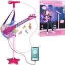 TAKIHON Guitar and Microphone Set for Kids,Guitar Toys with Music&Colorful Light,Adjustable Height Microphone with Stand,Karaoke Toys Gift for Boy,Girls,Toddlers(Red)-Upgraded