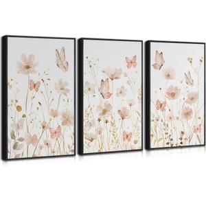 3Pcs Nursery Wildflower Wall Art Pink Floral Canvas Poster Prints Neutral Toned Botanical Painting Flower Butterfly Picture Wall Decor for Living Room Bedroom Dining Room Office 12x16in Unframed
