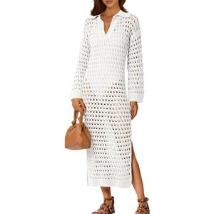Saodimallsu Womens Crochet Swimsuit Cover Up V Neck Collared Long Sleeve Mesh Knit Long Beach Coverup Maxi Dress (White)