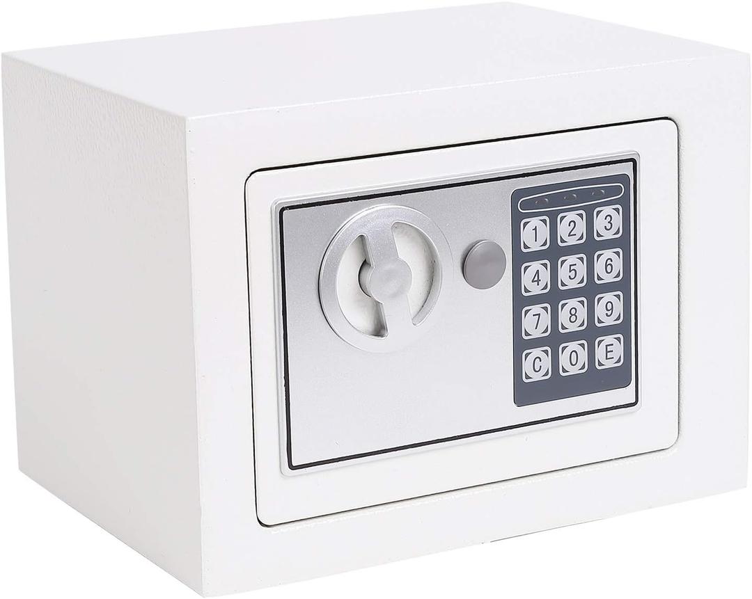 Security Small Steel Safe Lock Box with Code Keypad,Key, White | Electronic Secure,9.1" W x 6.7" D x 6.7" H,Cabinet Safes,for Home Dorm Apartment Office Cash Jewelry Storage, White