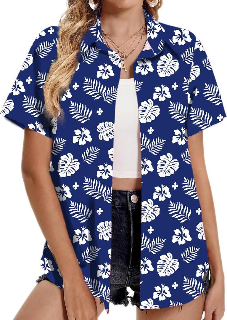 Women Hawaiian Shirt Soft Cool Summer Hawaii Tshirts Beach Tropic Print V Neck Button up Tops Floral Short Sleeve Tops (Blue, XXL)