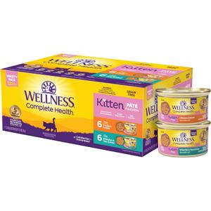 Wellness Complete Health Pate Variety Pack Kitten Canned Wet Cat Food, Natural, Protein Rich, Grain Free, Whitefish and Chicken Recipes, 3 oz, Pack of 12 Cans (EXP 09/25/28)