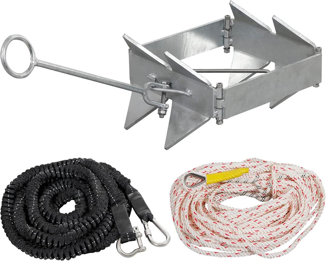 Box Anchor Kit, Boat Anchor with 16.5 Feet Elastic Rope & 100 Feet Nylon Rope, Hot-Dipped Galvanized Folding Boat Slide Cube Anchor (Box Style) Suitable for Boats -  for Boats up to 30‘ - 40'-25 LBS
