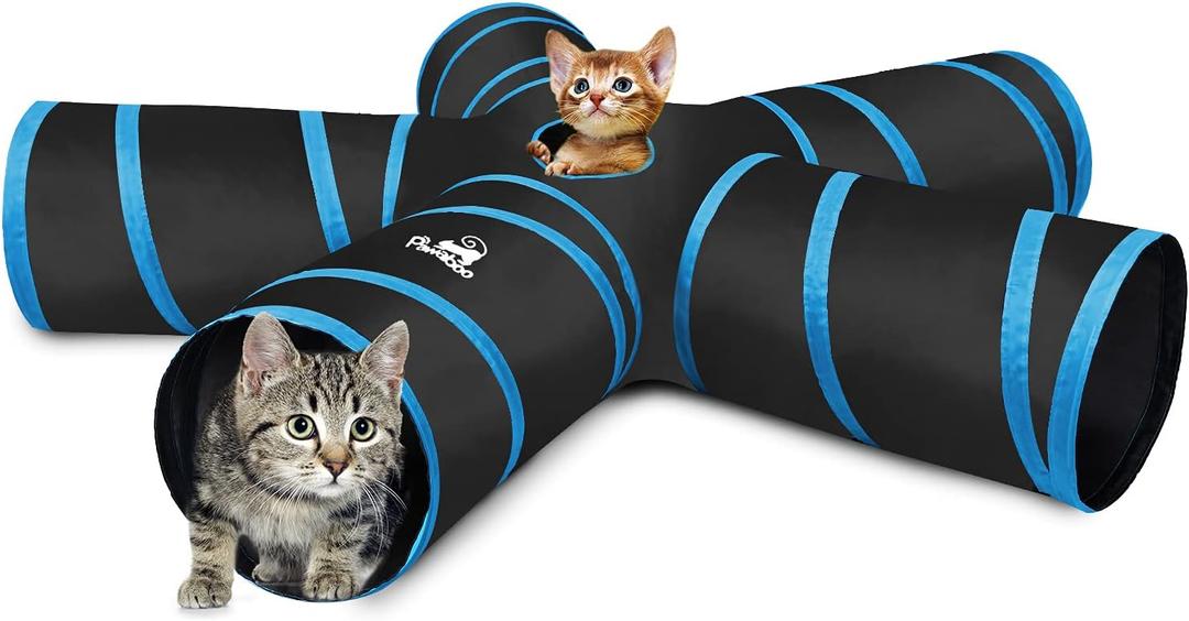 Pawaboo Cat Toys, Cat Tunnel Tube 5 Way Tunnels 25x53cm Extensible Collapsible Play Tent Interactive Toy Maze Cats House with Balls and Bells for Cats Kitten Kitty Rabbit Small Animal, Blue