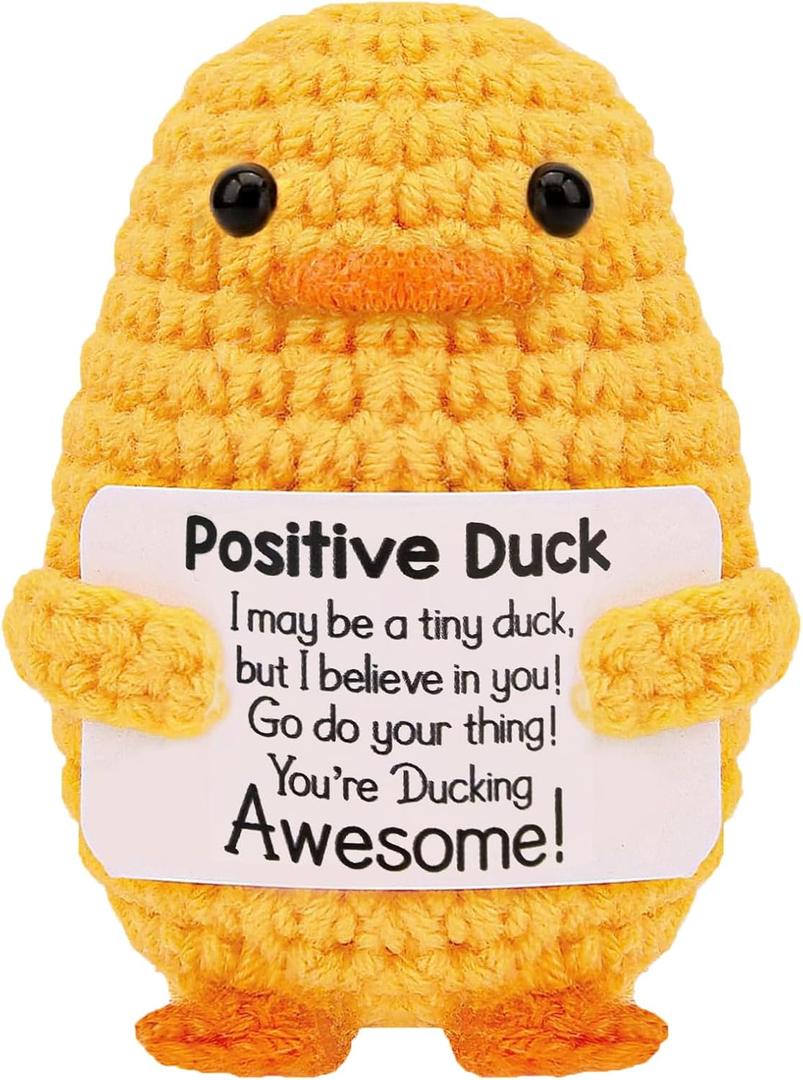 5 x Stocking Stuffers for Women Men Teens Christmas Essentials White Elephant Gifts Inspirational Crochet Duck Anniversary Cute Handmade Knitted Duck Toy with Positive Card Cheering I Love You Gift