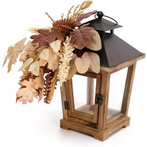 Fall Lantern Decoration, Large Wooden Hurricane Candle Lantern Decorated with Autumn Wheat Leaves, Fall Decor for Home, 14" Tall